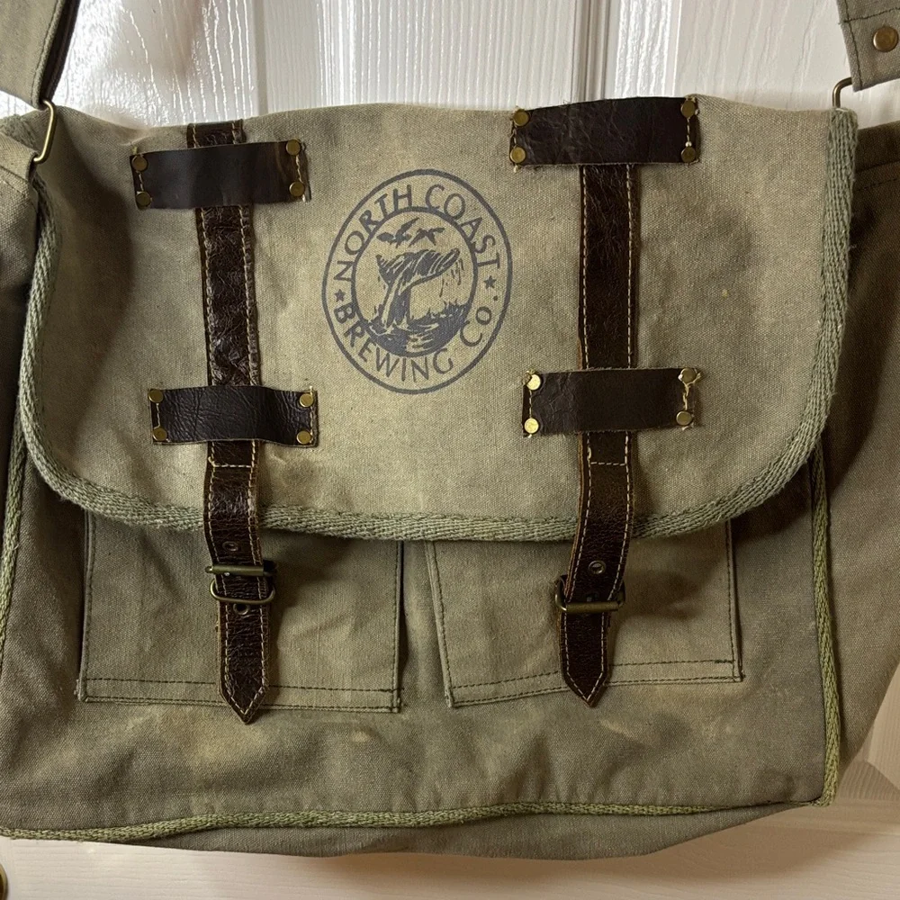 Canvas and Leather Messenger Bag - Khaki Green NWT North Coast Brewing Co Logo